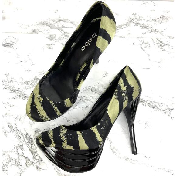 Bebe Green Black Satin Zebra Stripe Platform Stiletto Heels Size 8 Women's - Picture 1 of 7